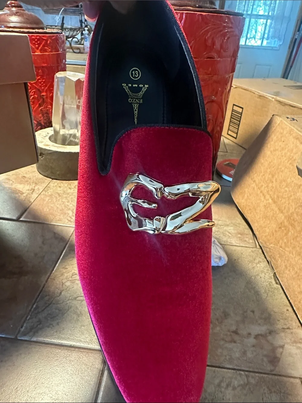 Venezia Red Velvet Slip-On Loafer with Silver Accent